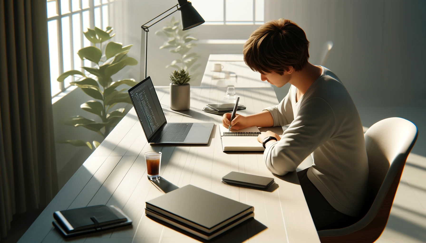 En entreprenör som sitter vid ett skrivbord och skriver i en anteckningsbok framför en laptop.