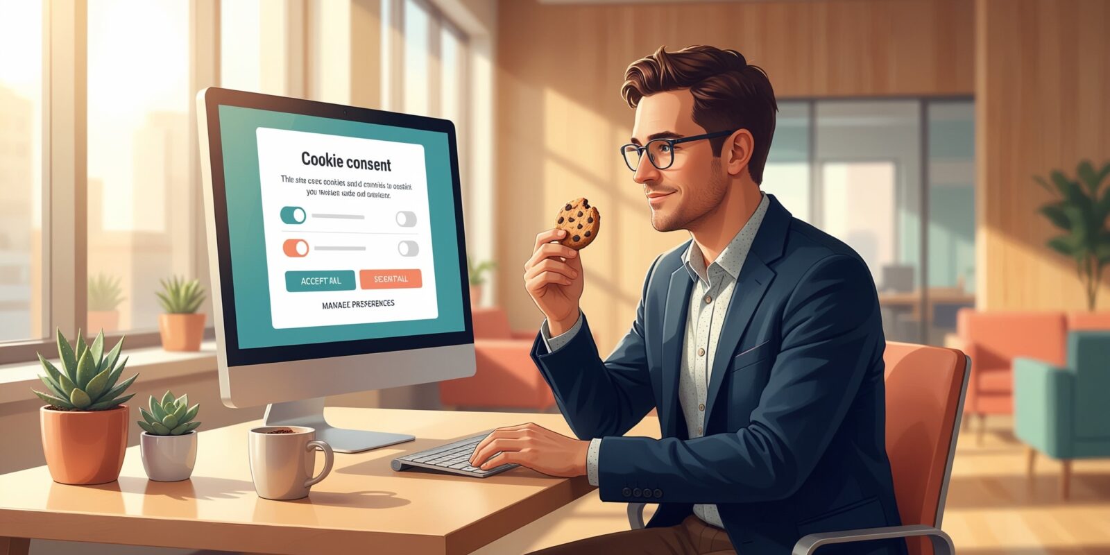 Man på kontor vid dator med cookie-samtycke på skärmen, håller en kaka och dricker kaffe i solljus