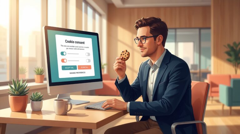 Man på kontor vid dator med cookie-samtycke på skärmen, håller en kaka och dricker kaffe i solljus