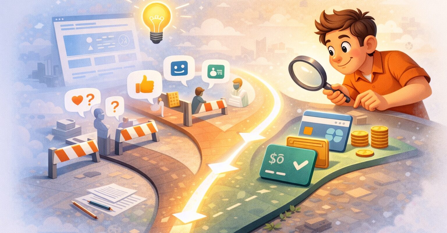 Illustration av man med förstoringsglas som väljer väg mot betalning, mynt och bankkort i en ekonomisk beslutsprocess