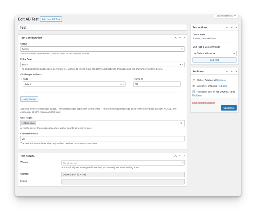WordPress-adminvy som visar inställningar för A/B-test med variantsidor, trafikfördelning och konverteringsmål