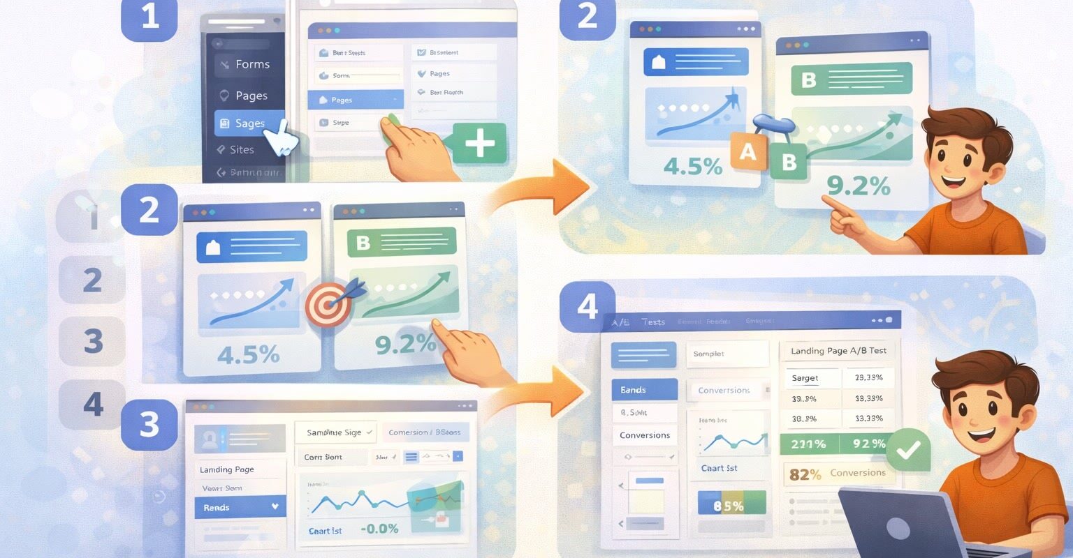 Illustration som visar steg-för-steg A/B-test av landningssida med version A och B, konverteringsdata och resultatdashboard.
