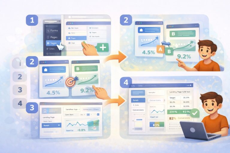 Illustration som visar steg-för-steg A/B-test av landningssida med version A och B, konverteringsdata och resultatdashboard.