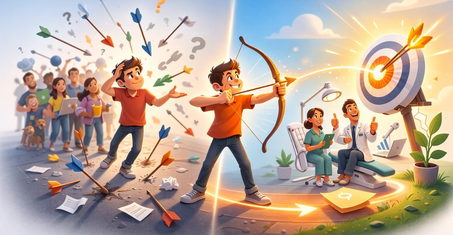 Illustration av att välja rätt målgrupp: pojke missar bland många, men träffar mitt i prick på en måltavla med pilbåge