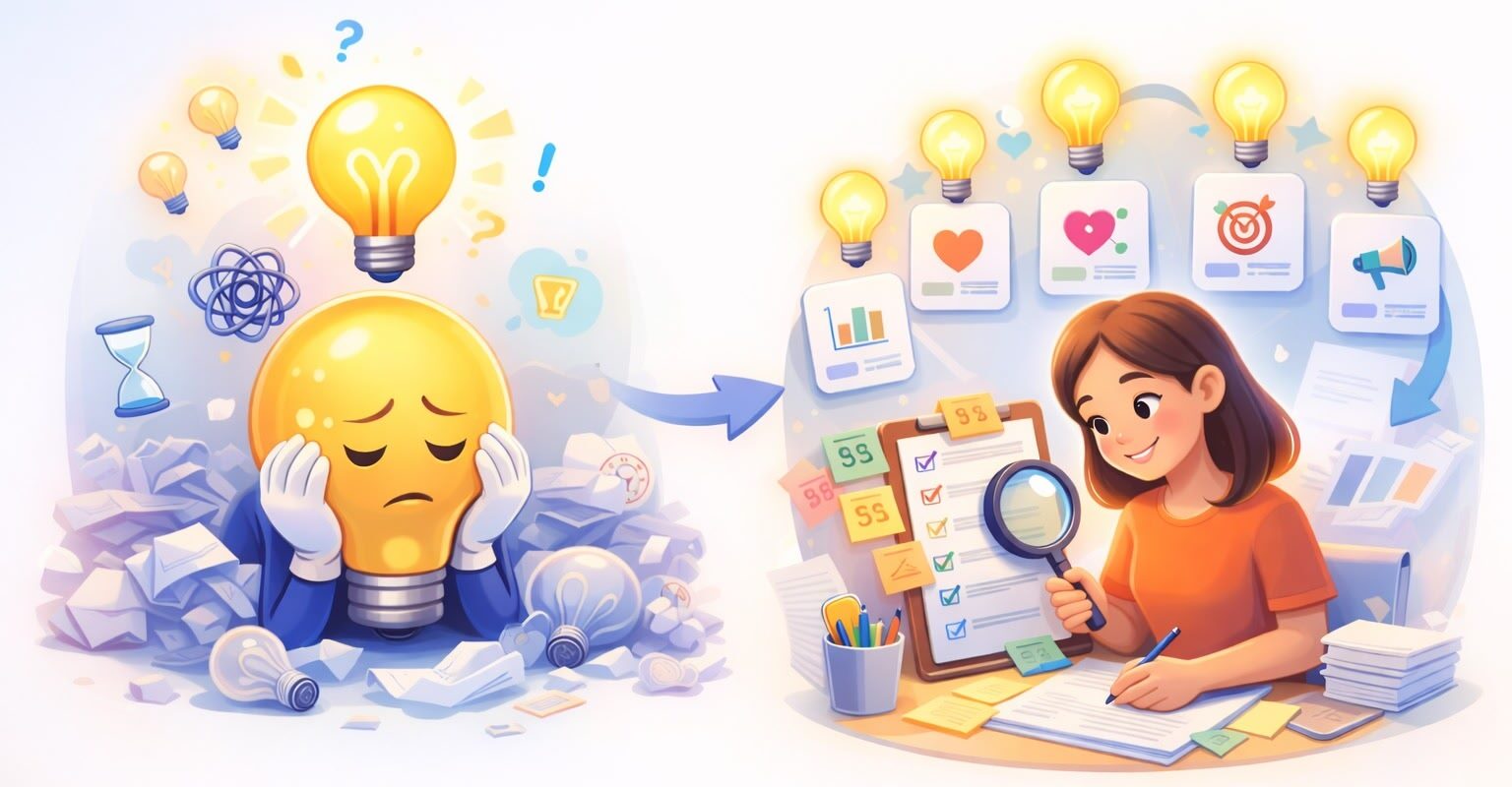 Illustration av idétrött glödlampa i papperskaos som blir till strukturerad innehållsplanering med checklista och idéer