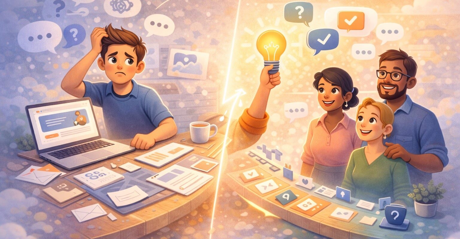 Illustration av frustrerad designer som bygger först och glad grupp som frågar först, med glödlampa och checkmarkar