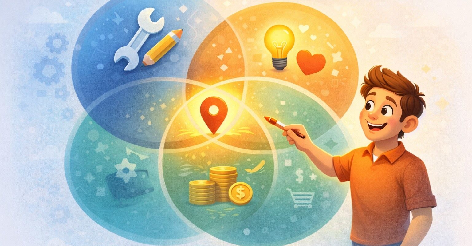Illustration av att hitta sin nisch med Venn-diagram: färdigheter, passion och lönsamhet, pojke pekar på mitten.