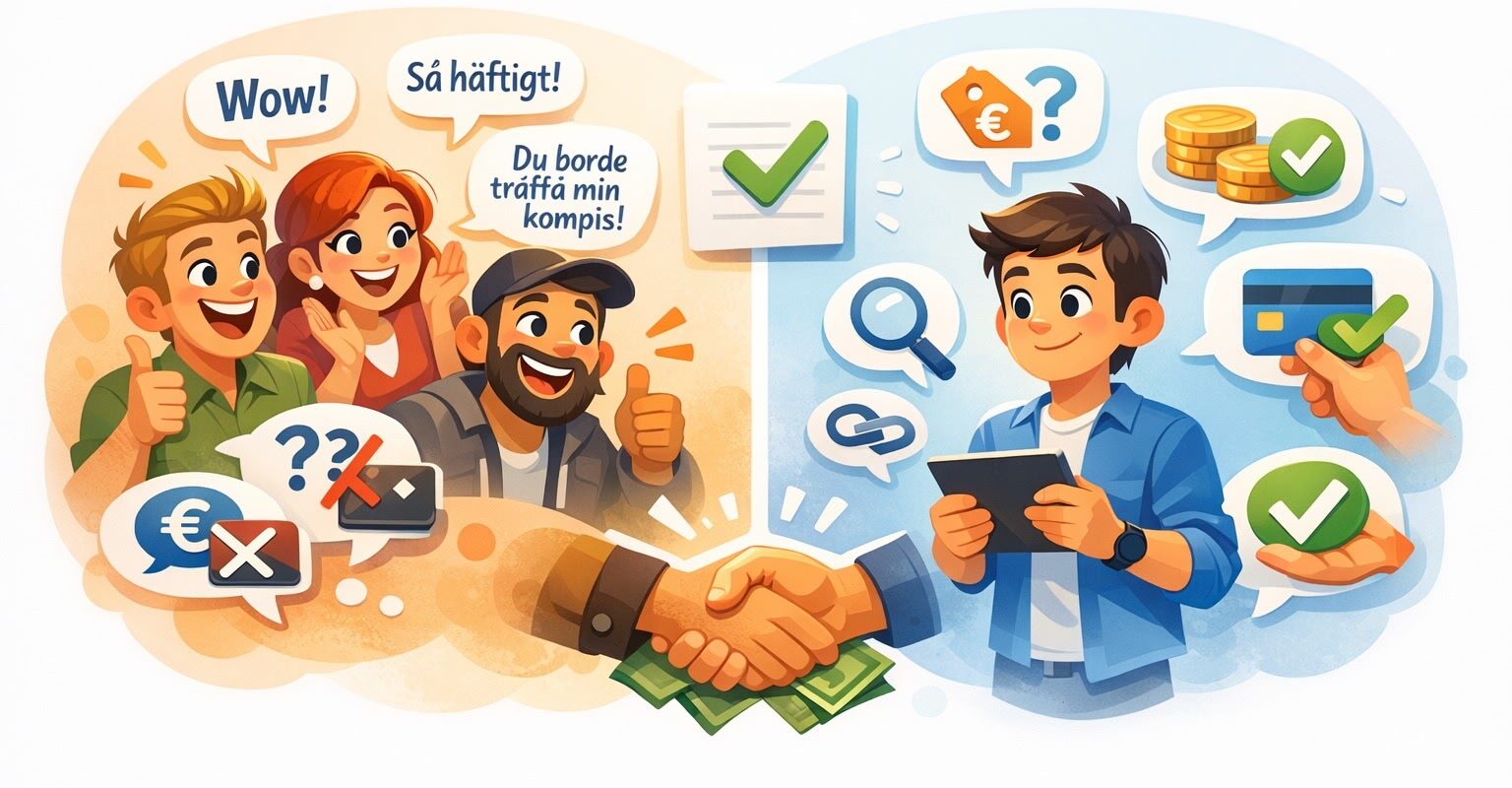 Illustration som jämför kundintresse med betalning, handslag och ikoner för pris, kortbetalning och godkänd affär