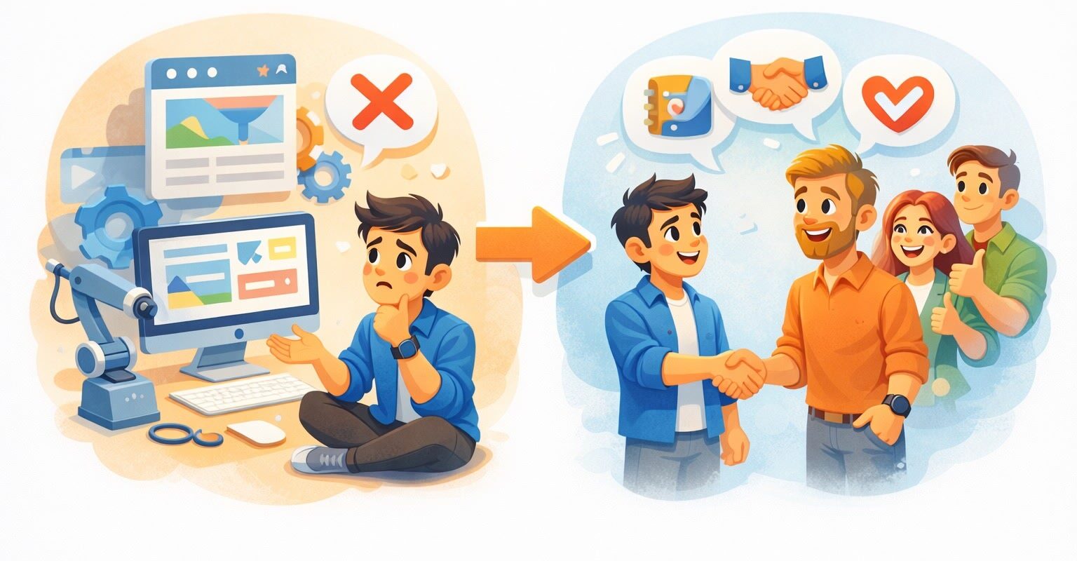 Missnöjd kund med problem på hemsida som blir nöjd efter samarbete och handslag med webbyråteam