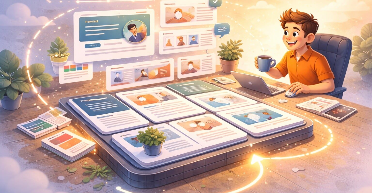 Illustration av person som bygger ny hemsida på en dag med AI, laptop och webbdesignmallar på skärmar