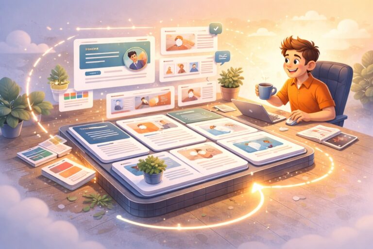 Illustration av person som bygger ny hemsida på en dag med AI, laptop och webbdesignmallar på skärmar