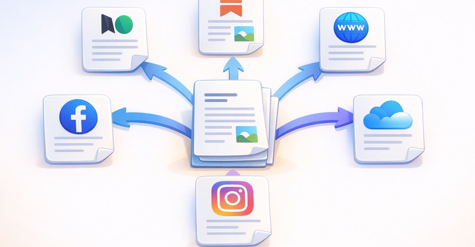 Illustration av ett inlägg som återanvänds och delas till flera kanaler som Facebook, Instagram, webben och molnet