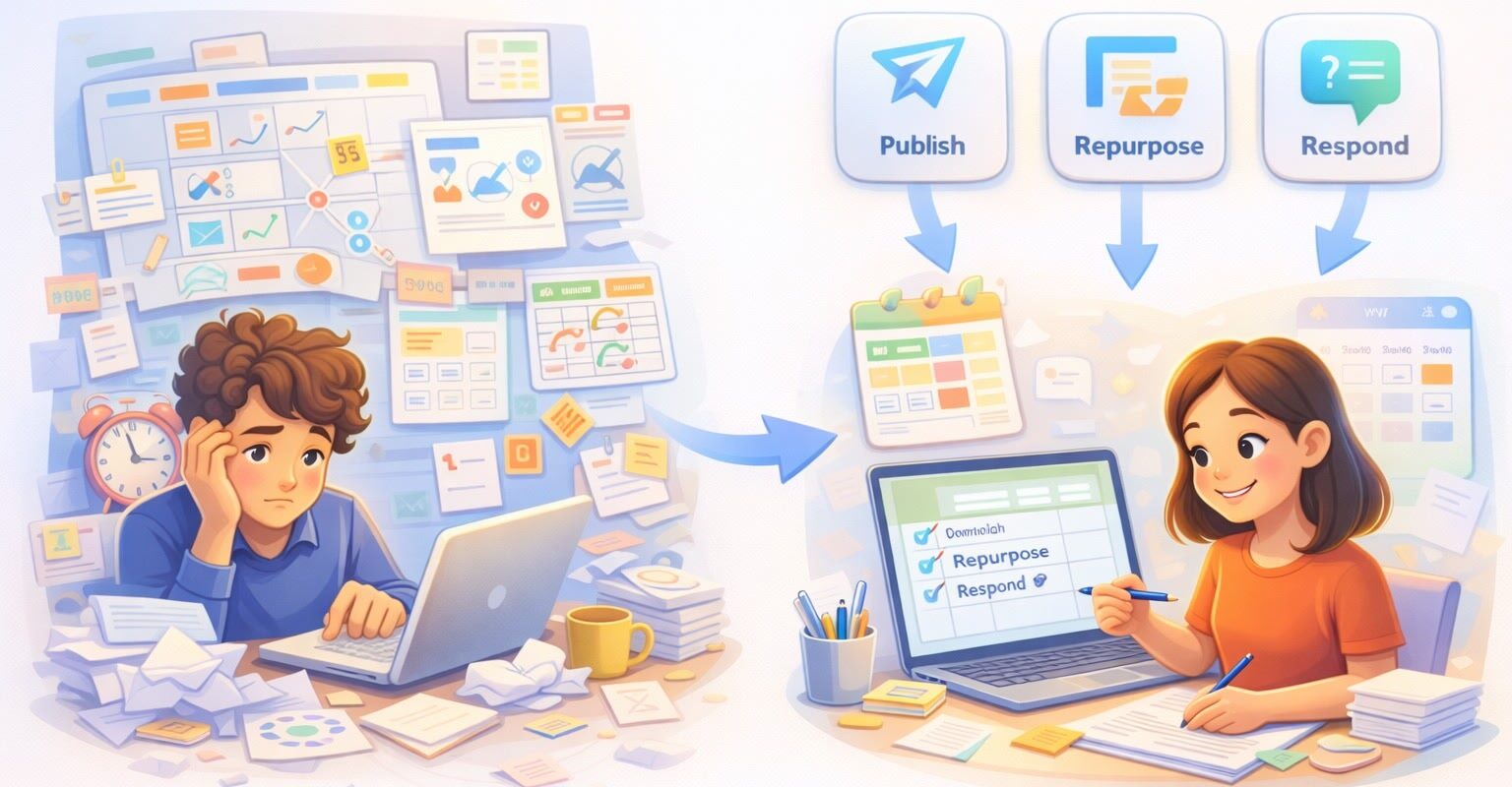 Illustration av contentkalender: stressad person vid kaosig planering blir effektiv med publicera, återanvända och svara.