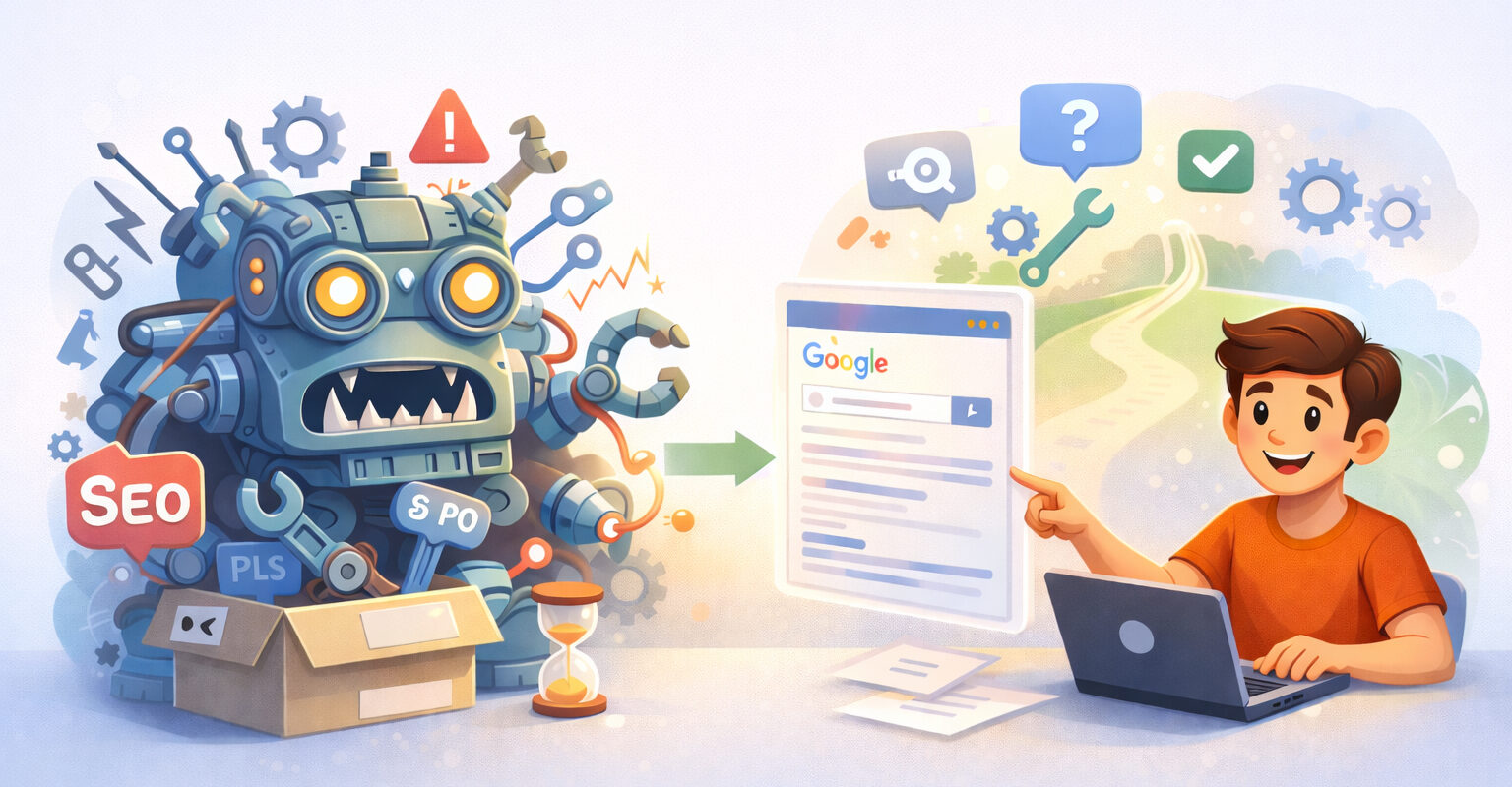 Illustration av enkel SEO utan algoritmer: robot med SEO-verktyg och person vid laptop som pekar på Google-resultat