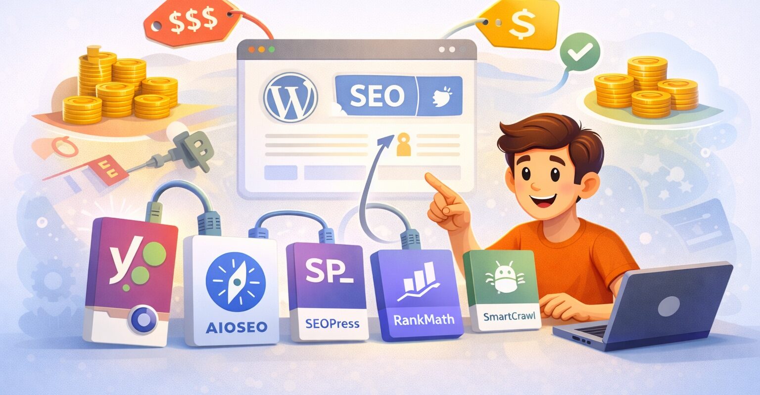 Illustration av SEO-plugins för WordPress som Yoast, AIOSEO, SEOPress, RankMath och SmartCrawl på en laptopskärm