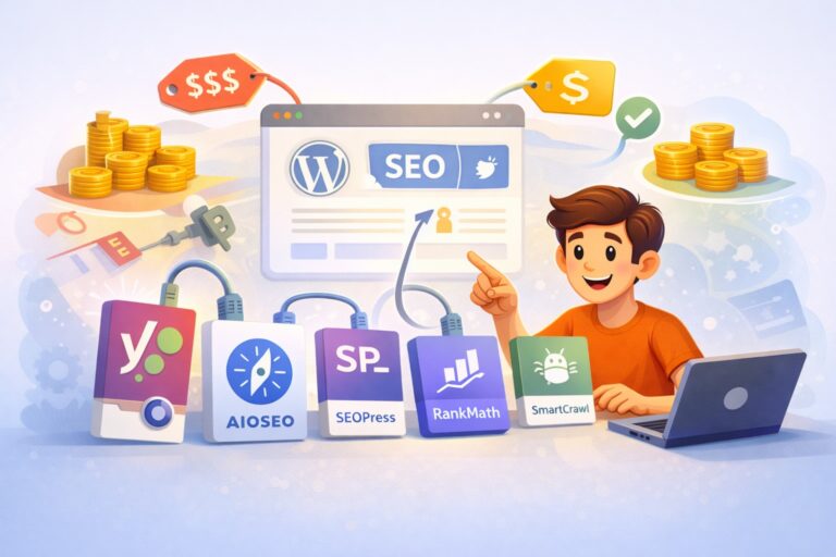 Illustration av SEO-plugins för WordPress som Yoast, AIOSEO, SEOPress, RankMath och SmartCrawl på en laptopskärm