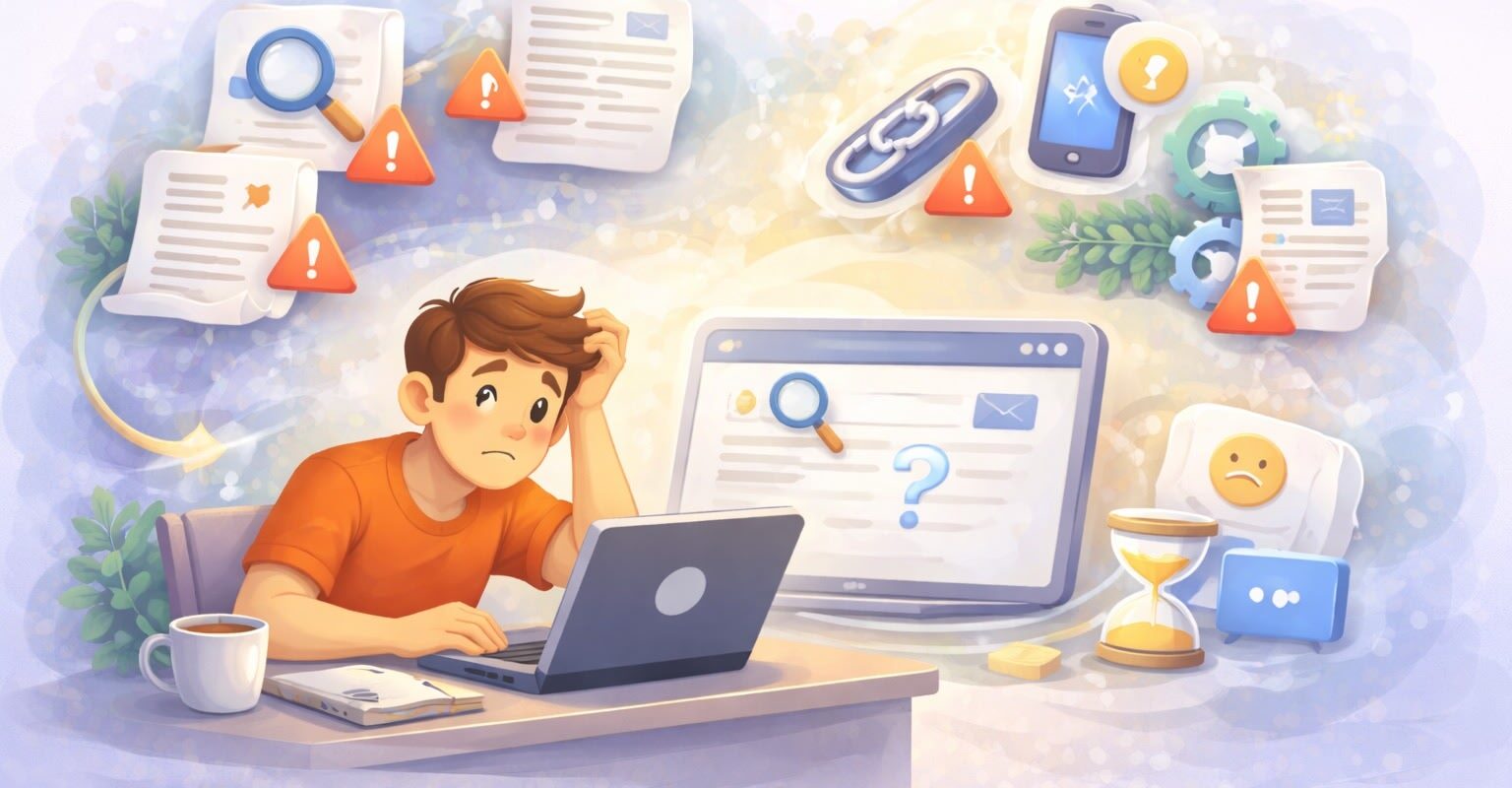 Orolig person vid laptop med SEO-varningar och frågetecken, symbol för att artikelsidan inte rankar i Google