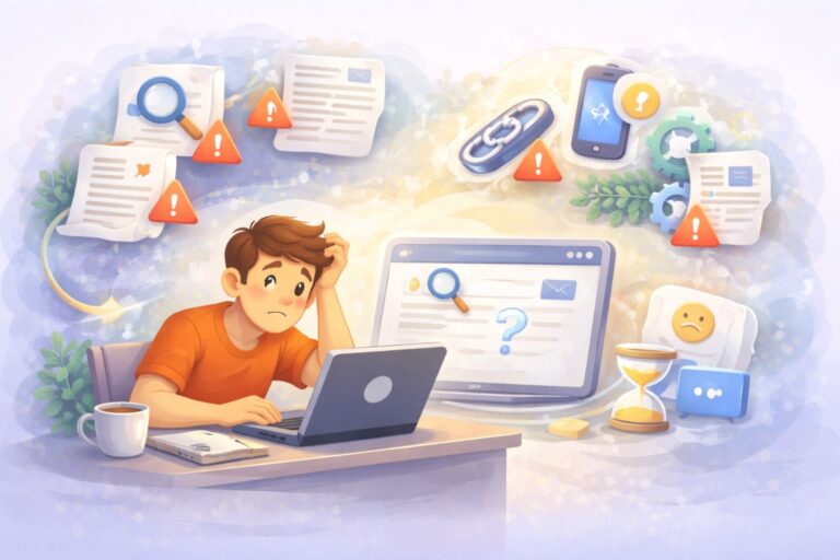 Orolig person vid laptop med SEO-varningar och frågetecken, symbol för att artikelsidan inte rankar i Google