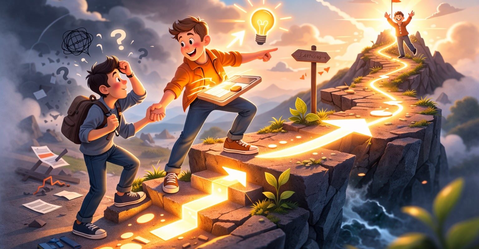 Mentor leder osäker nybörjare uppför glödande stig mot framgång, med idé-lampa och målflagga på bergstopp