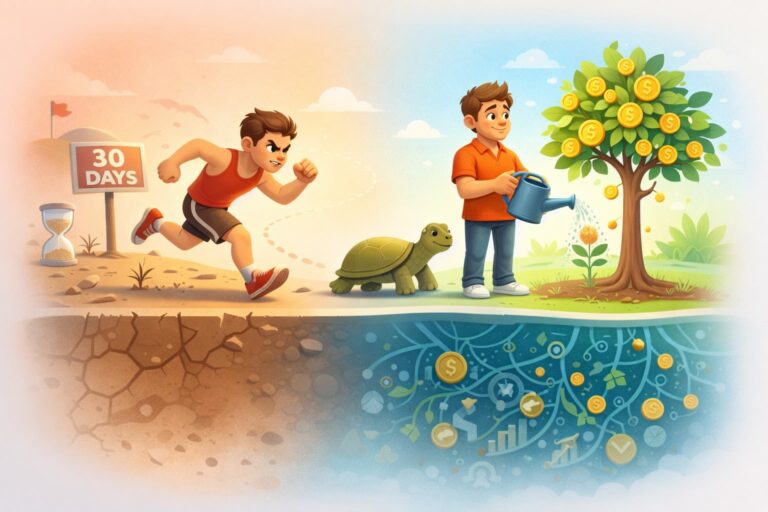 Illustration av långsiktigt sparande: löpare vid “30 days” och man som vattnar pengaträd bredvid sköldpadda