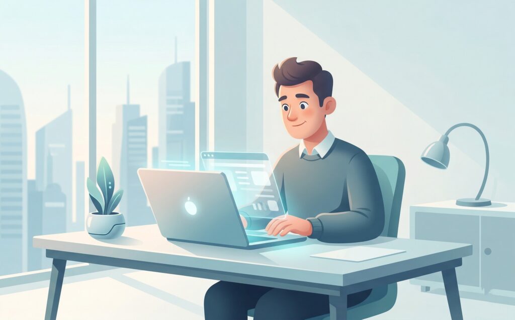 Illustration av man som arbetar vid laptop på kontor med utsikt över stadssiluett, skrivbordslampa och växt.