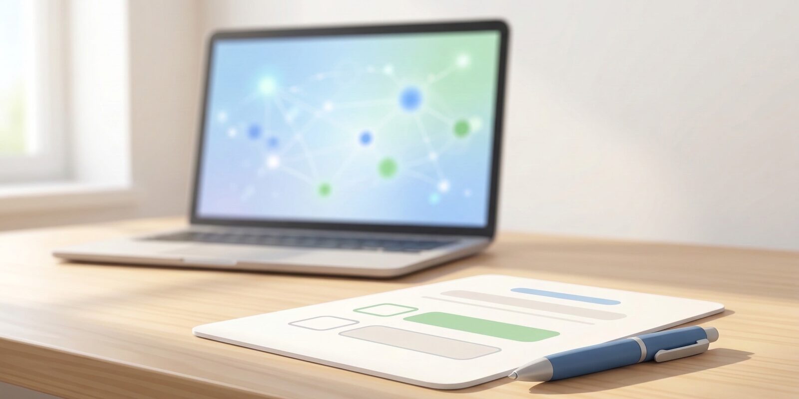 Bärbar dator på skrivbord med nätverksgrafik på skärmen, anteckningsblock med diagram och penna i förgrunden