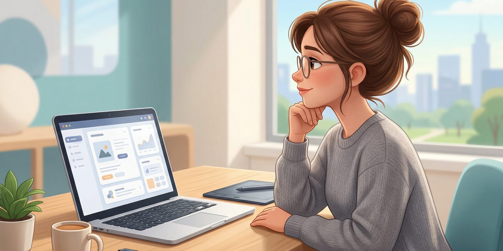 Illustration av kvinna med glasögon som arbetar vid laptop på kontor med kaffekopp och stadsvy genom fönster