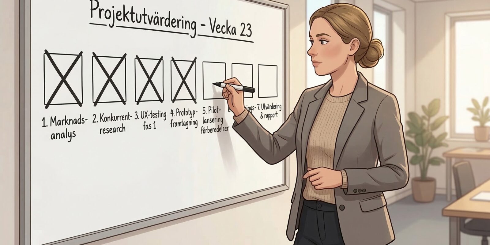 Projektledare markerar status på whiteboard för projektutvärdering vecka 23 med checklista över delmoment i kontor