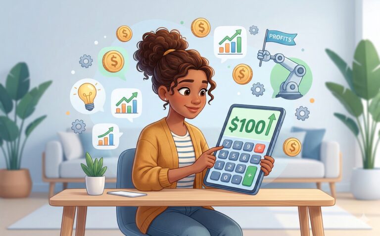 Illustration av kvinna som räknar vinst på stor miniräknare med grafer, mynt och automation i bakgrunden