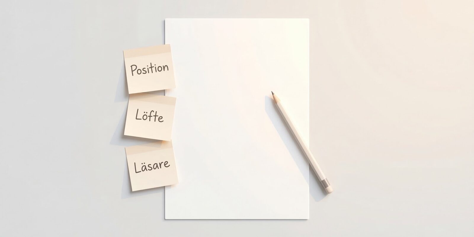 Tomt vitt papper med penna och post-it-lappar märkta Position, Löfte och Läsare på ljus bakgrund