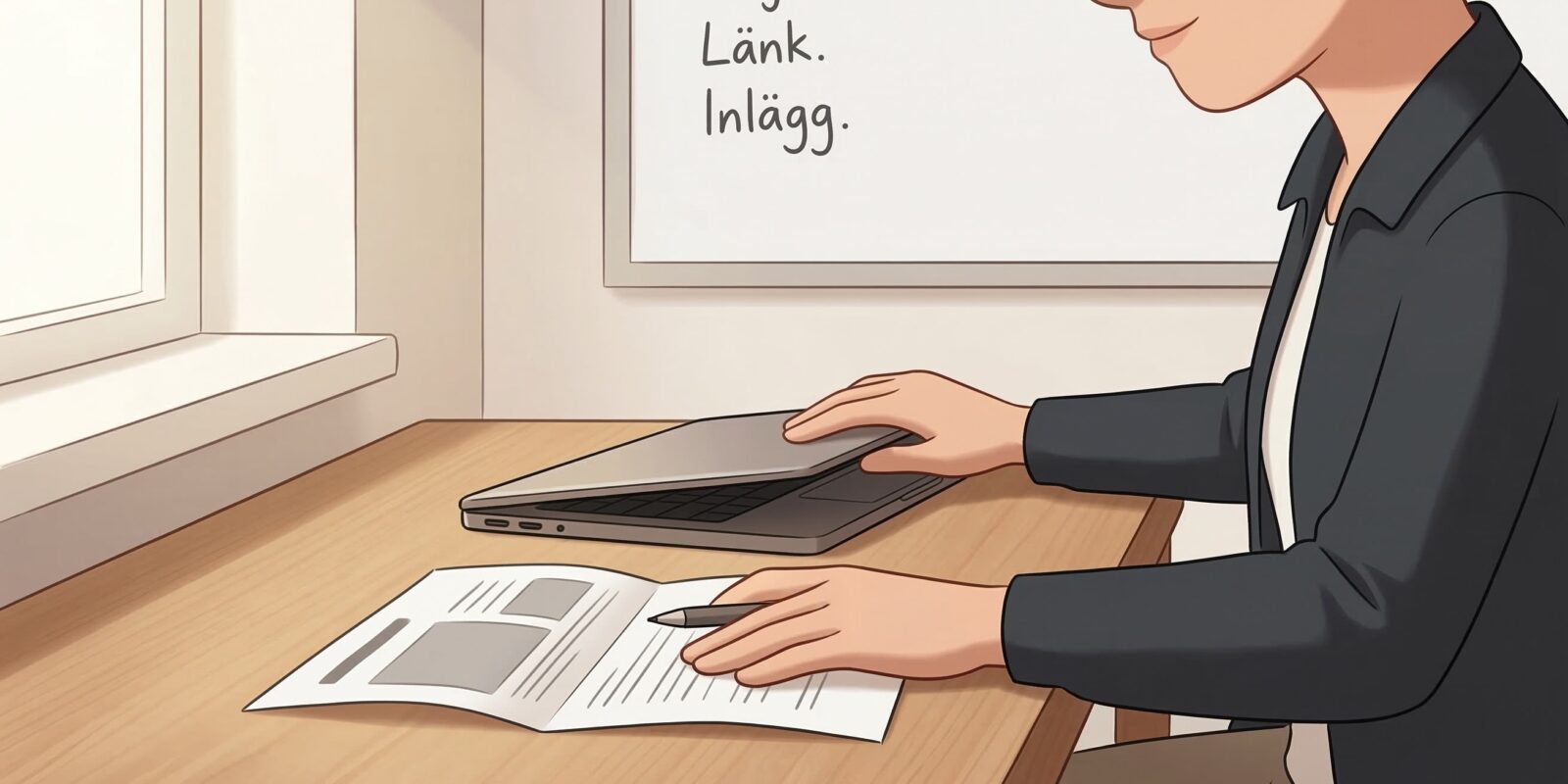 Person vid skrivbord med laptop och anteckningar, whiteboard med texten “Mejl, Länk, Inlägg” i bakgrunden