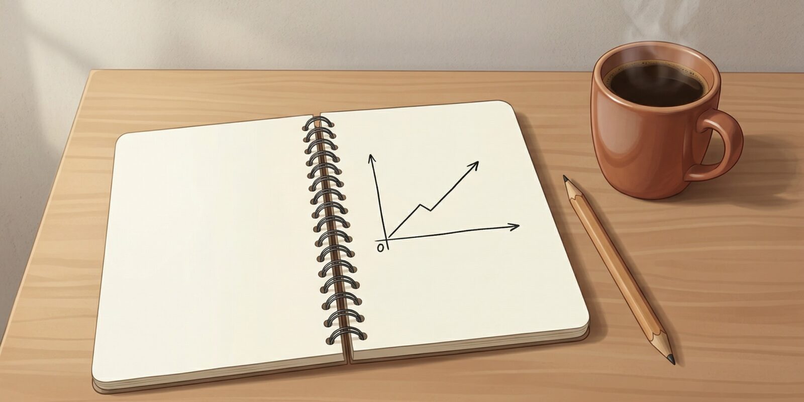 Öppen spiralblock med skissad stigande graf på skrivbord bredvid penna och rykande kaffekopp