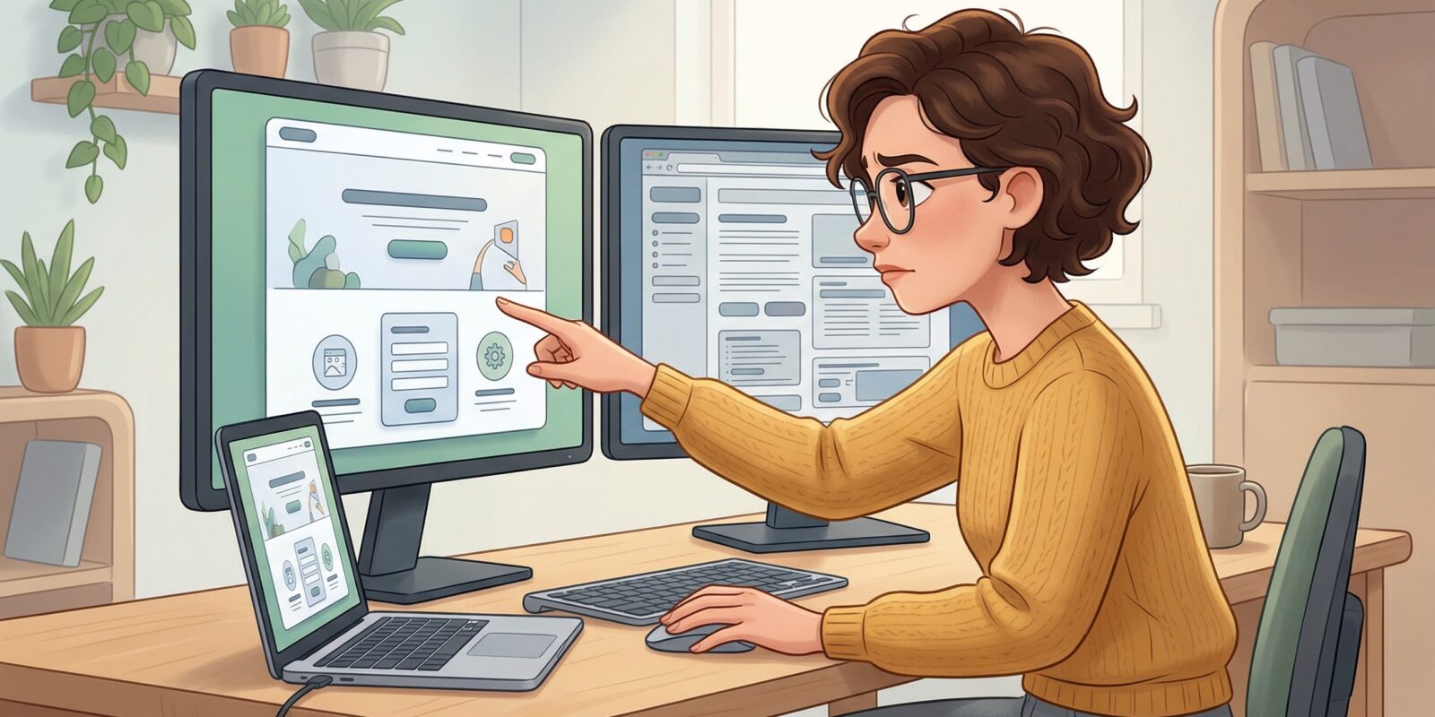 Person med glasögon pekar på webbdesign på dubbla skärmar vid skrivbord med laptop i hemmakontor