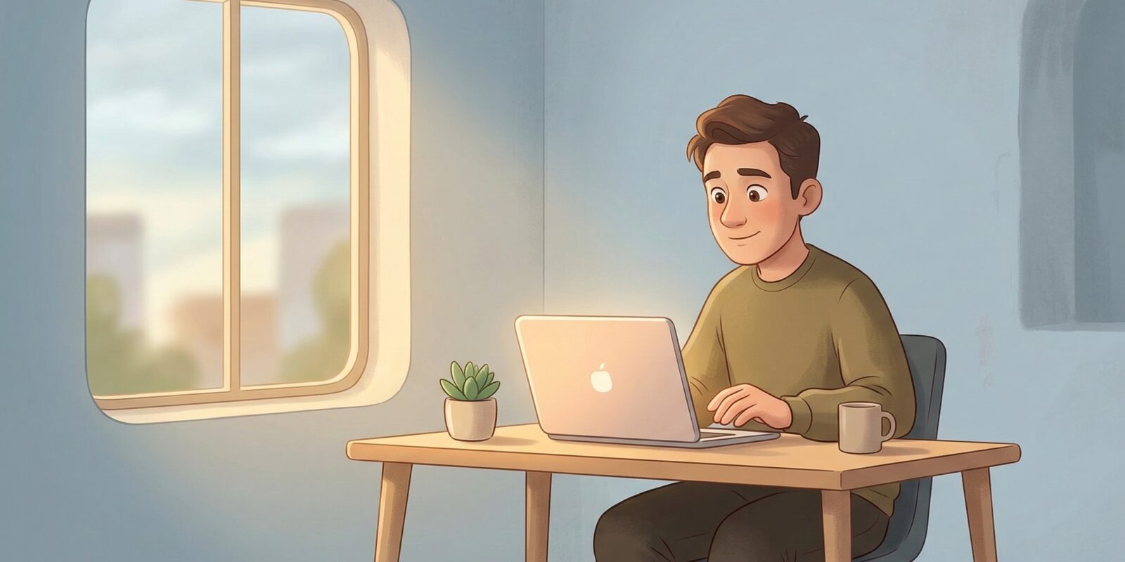 Illustration av man som arbetar vid laptop vid skrivbord med kaffemugg och liten växt, ljus från fönster i bakgrunden