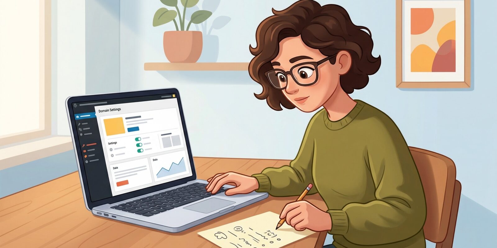 Illustration av person vid skrivbord som skriver anteckningar och justerar domäninställningar på laptop hemma