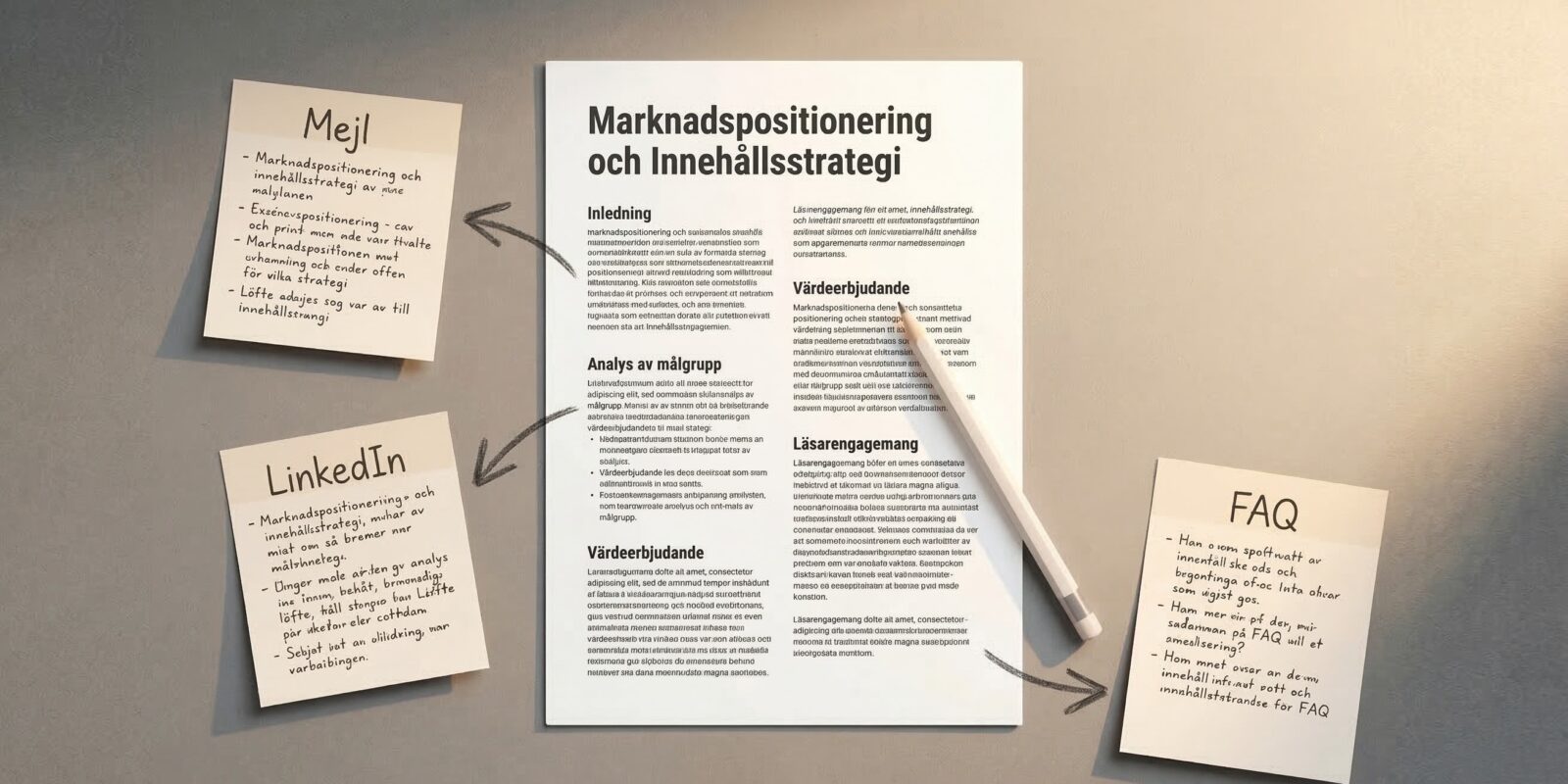 Dokument om marknadspositionering och innehållsstrategi med post-it-lappar för mejl, LinkedIn och FAQ samt penna