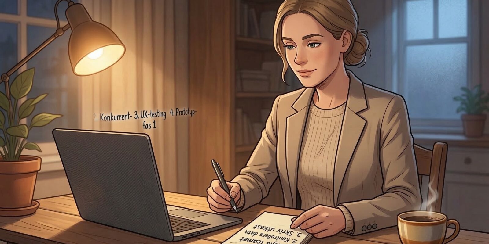 Kvinna arbetar vid laptop och gör anteckningar om UX-testning och prototypfas vid skrivbord med kaffekopp hemma