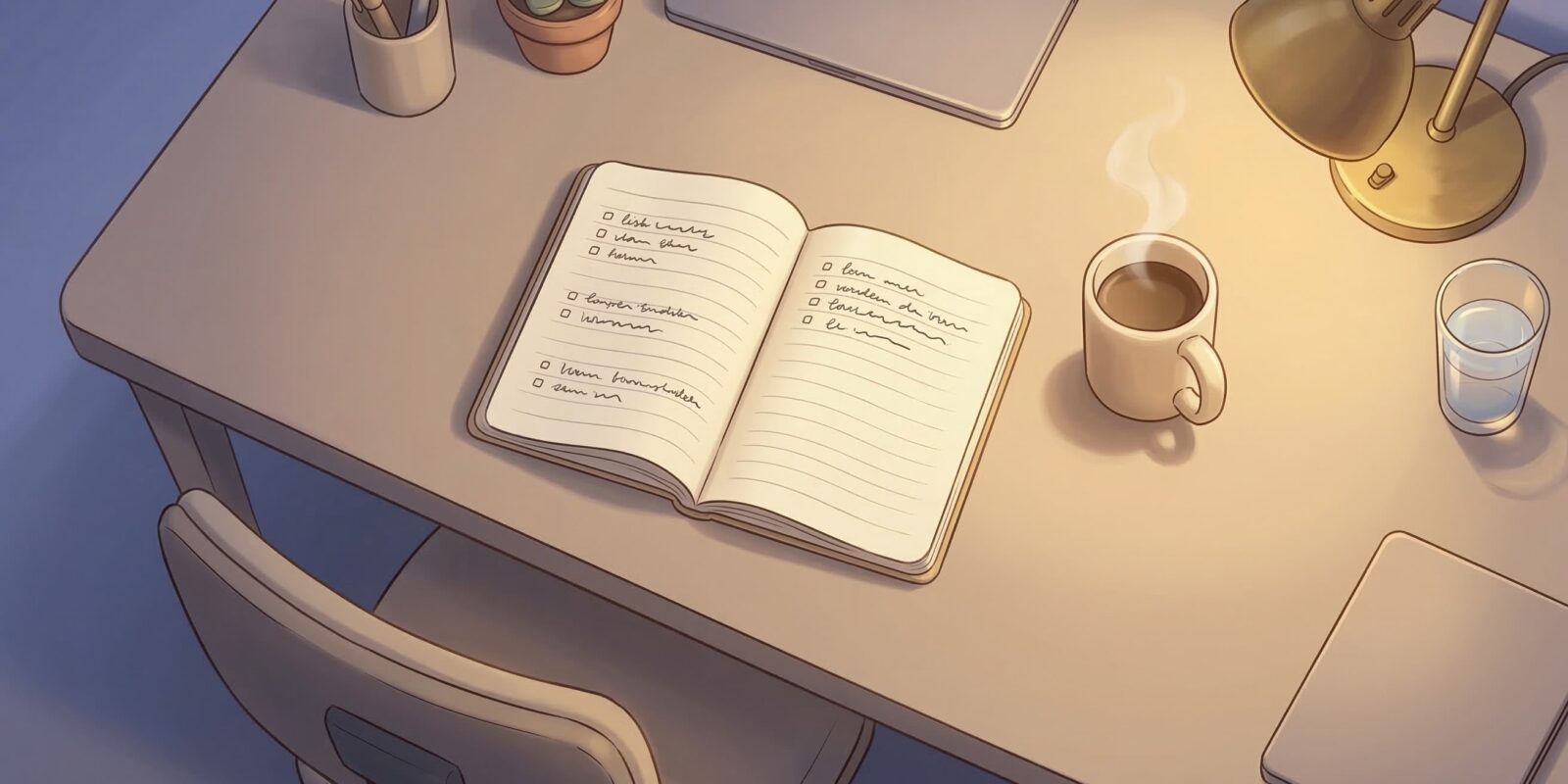 Skrivbord med öppen anteckningsbok, kaffekopp, skrivbordslampa, laptop, vatten och liten växt i kvällsljus