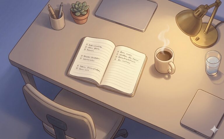 Skrivbord med öppen anteckningsbok, kaffekopp, skrivbordslampa, laptop, vatten och liten växt i kvällsljus