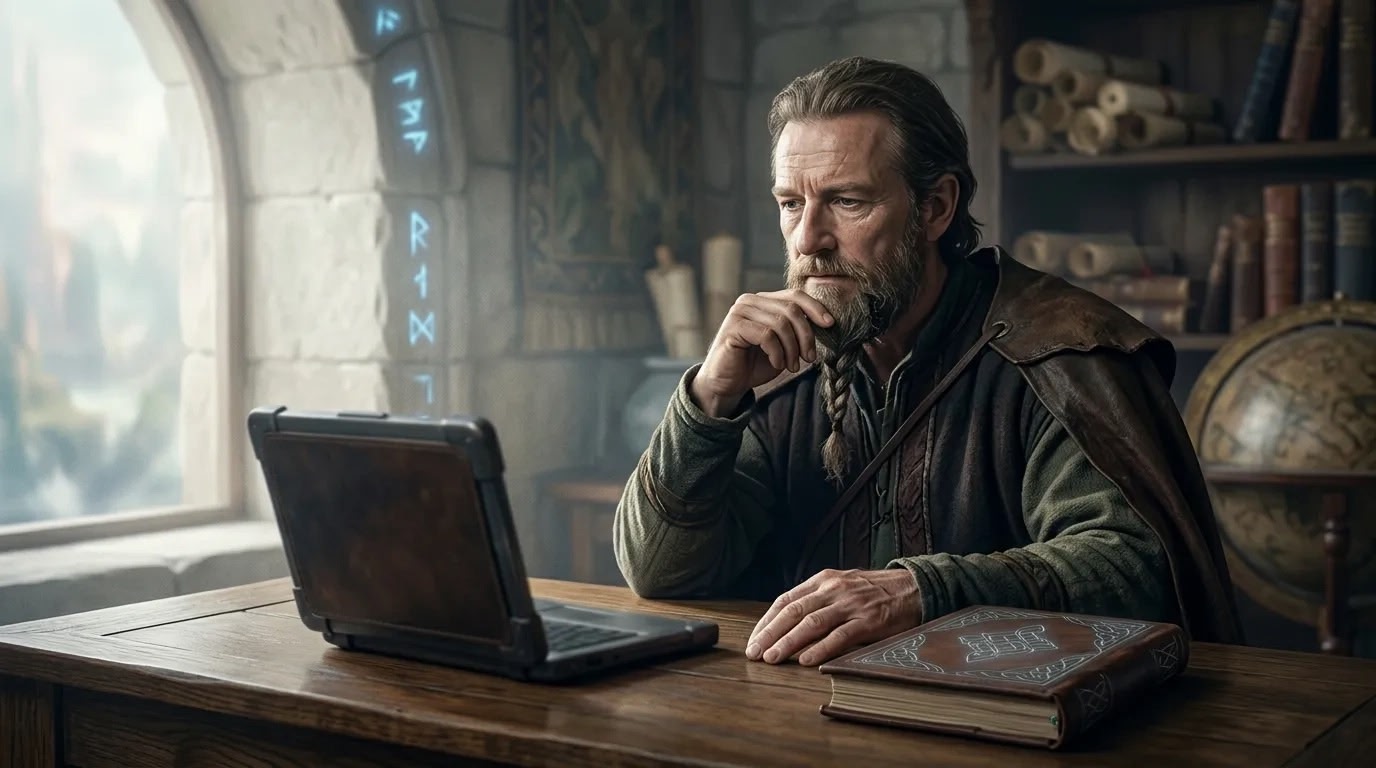 Skäggig man i medeltida miljö sitter vid bord och tittar på en bärbar dator, med böcker och jordglob i bakgrunden