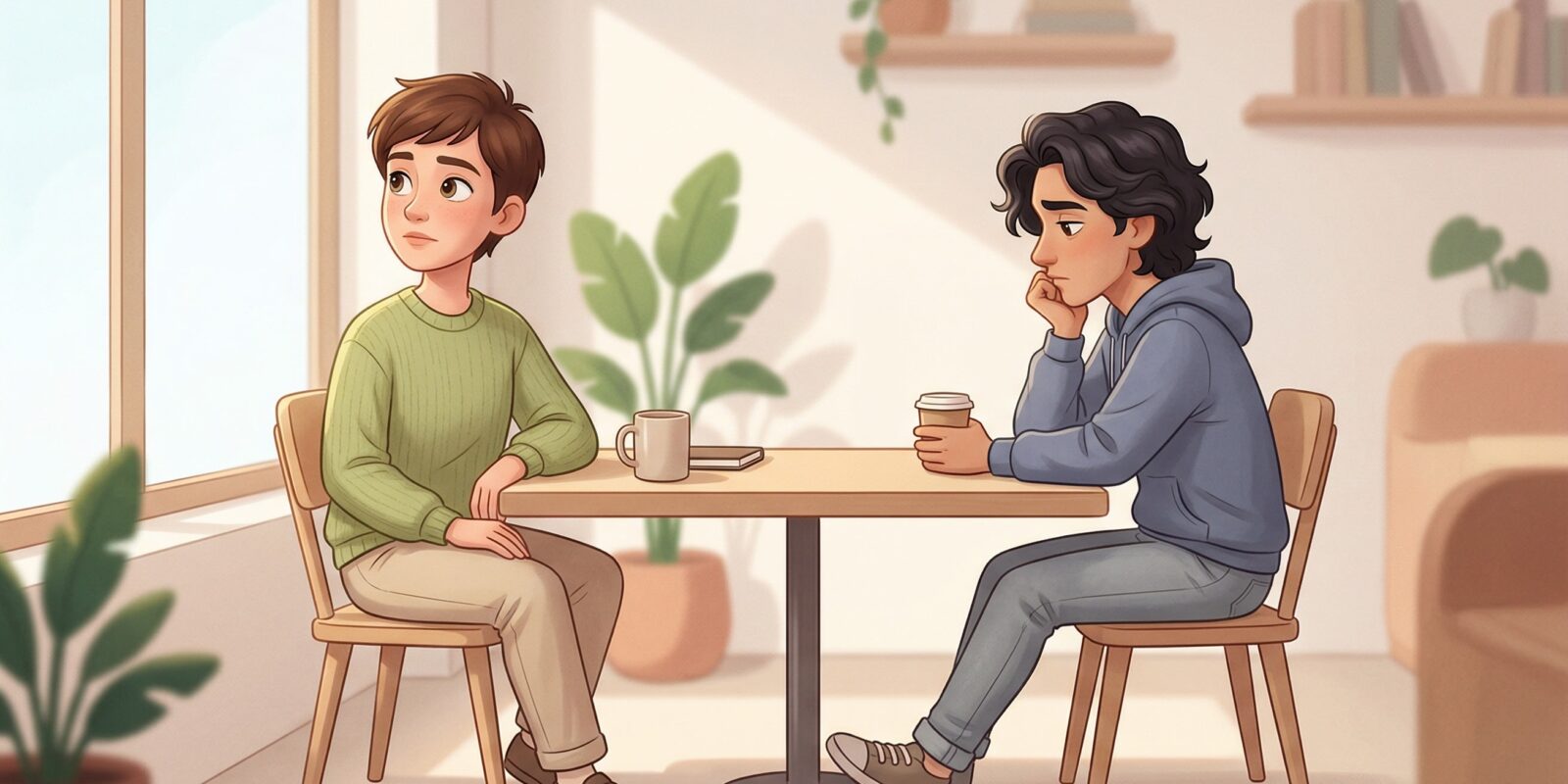 Två unga män sitter vid ett cafébord med kaffe, en ser fundersam ut i en ljus lokal med växter och bokhyllor.