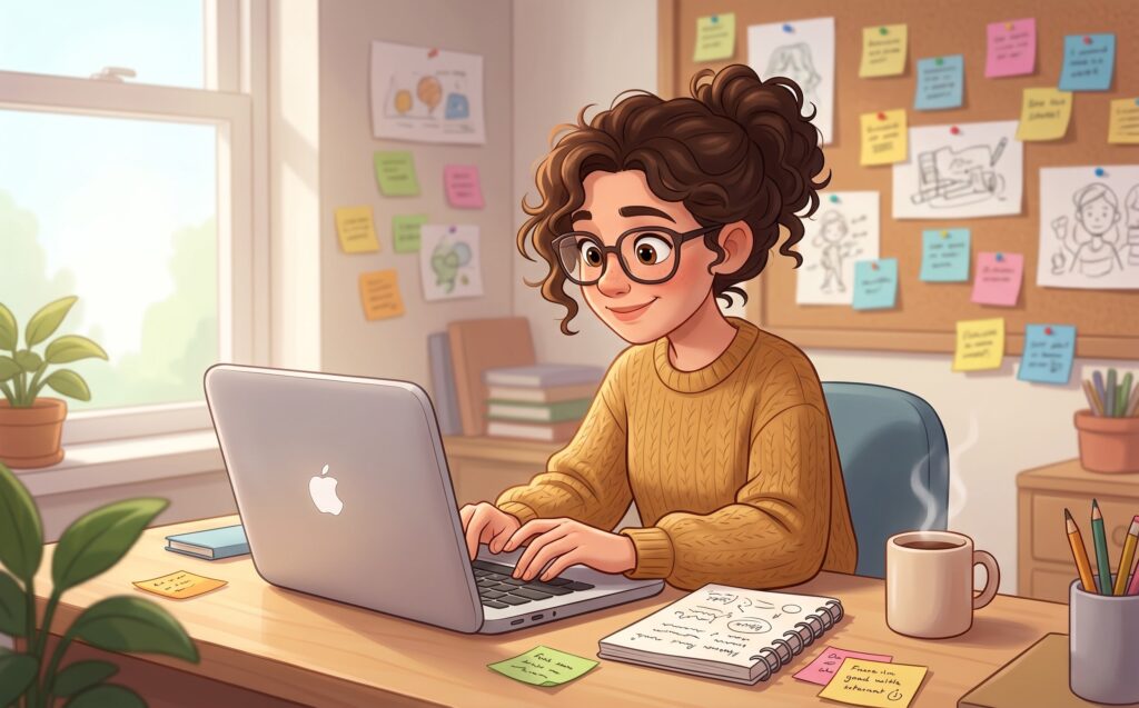 Illustration av kvinna med glasögon som arbetar vid laptop på hemmakontor med post-it-lappar och kaffekopp