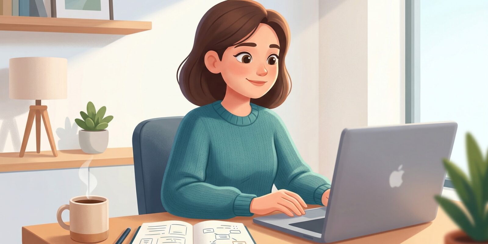 Illustration av kvinna som arbetar vid laptop hemma, med anteckningsbok och kaffekopp på skrivbordet i dagsljus