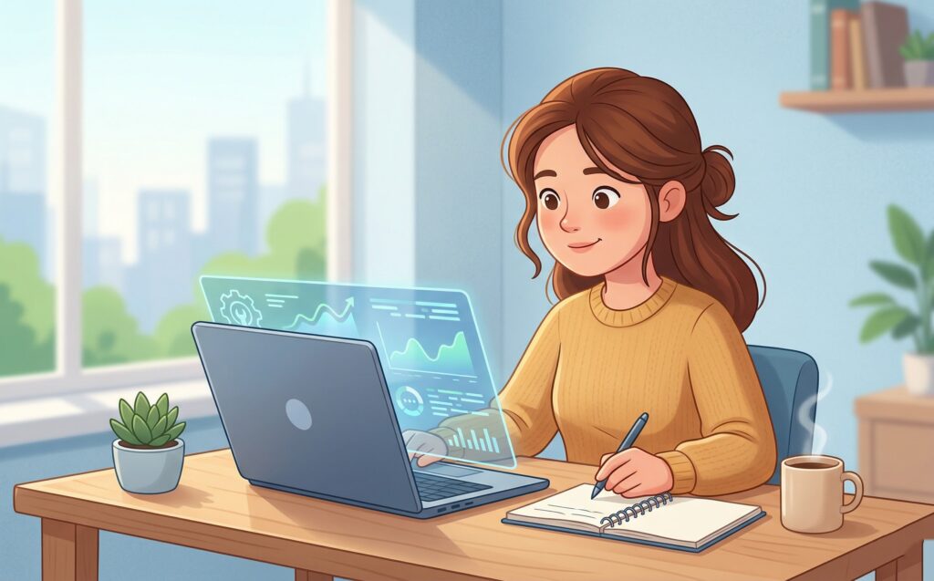 Illustration av kvinna som arbetar vid laptop med dataanalys, anteckningsblock och kaffekopp i hemmakontor.