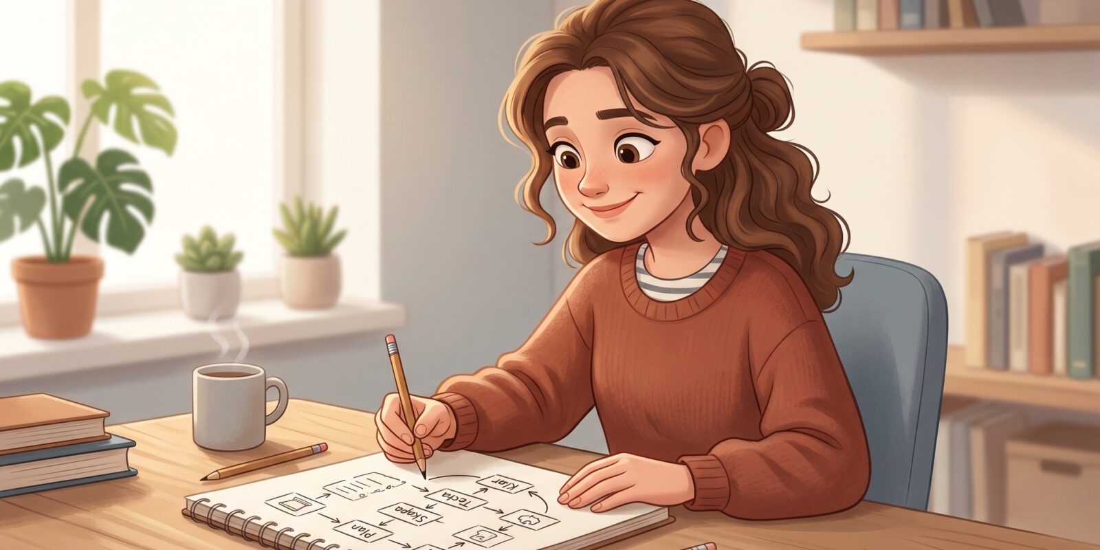 Illustration av kvinna som skissar flödesschema i anteckningsbok vid skrivbord med kaffekopp och växter i bakgrunden