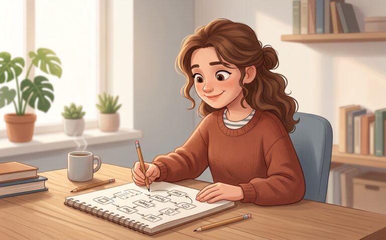 Illustration av kvinna som skissar flödesschema i anteckningsbok vid skrivbord med kaffekopp och växter i bakgrunden