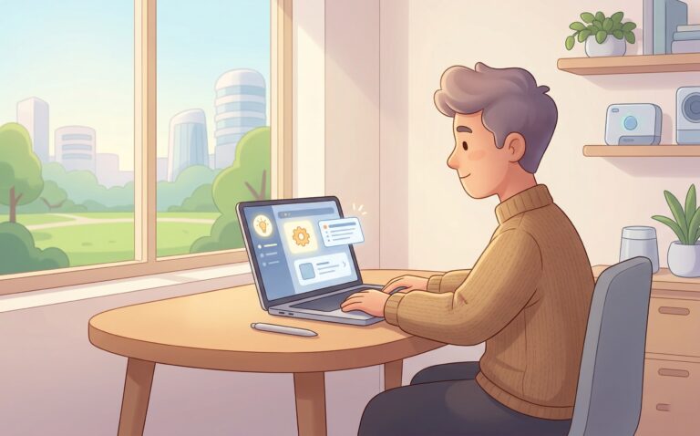 Illustration av man som arbetar vid laptop i hemmakontor med stort fönster mot park och stadssiluett.