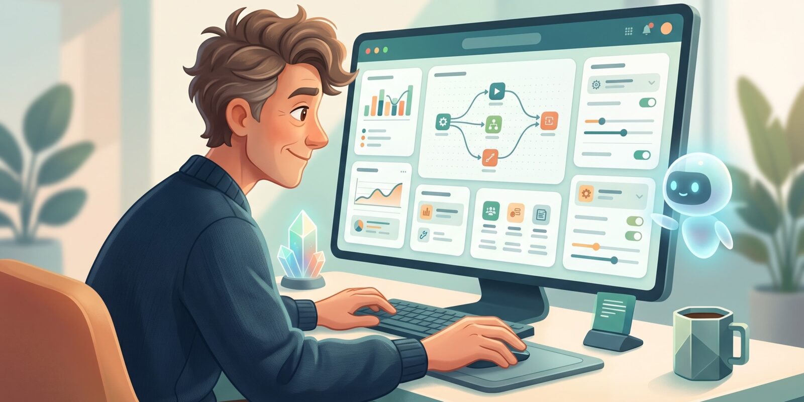 Illustration av man som arbetar vid dator med AI-dashboard och en liten chatbot-assistent på skärmen