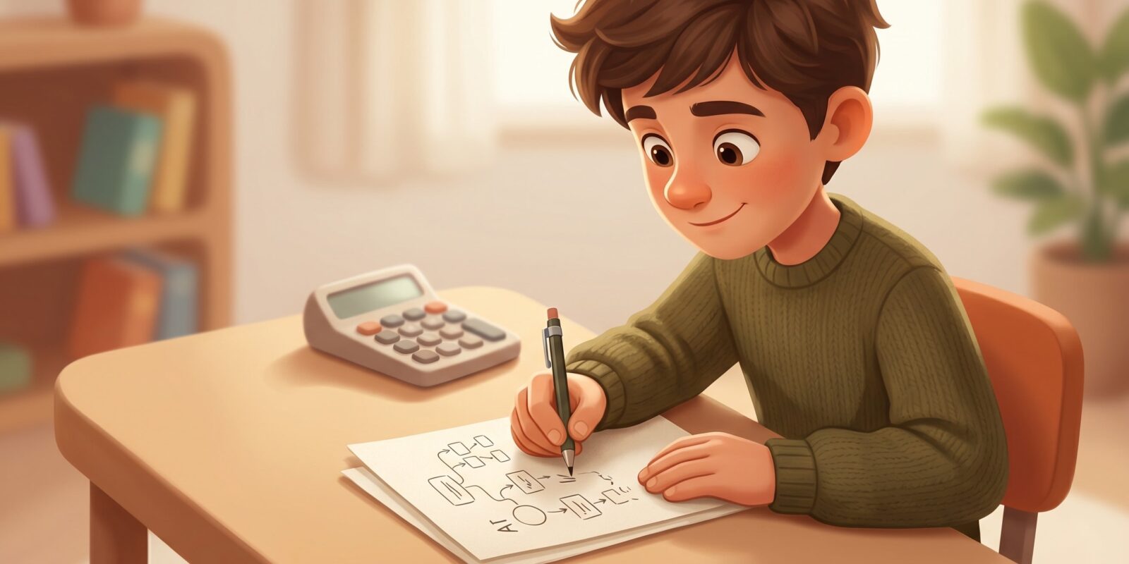 Illustration av pojke som ritar ett flödesschema vid skrivbord med miniräknare i ett ljust klassrum hemma