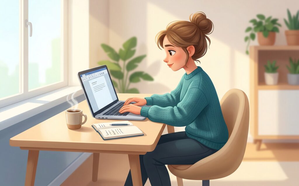Illustration av kvinna som arbetar vid laptop vid fönster, med kaffe och anteckningsbok på skrivbordet hemma